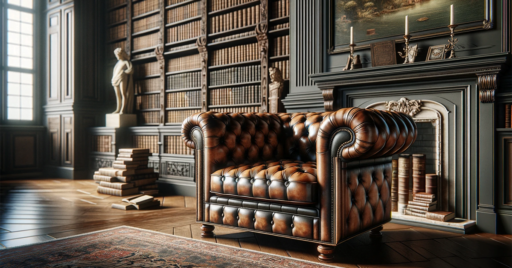 Un tradicional sillón Chesterfield en cuero, ubicado en una elegante biblioteca.