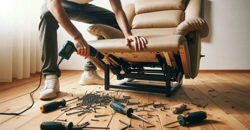 Una persona quitando los brazos de un sillón reclinable, usando un destornillador para remover los tornillos con precisión.